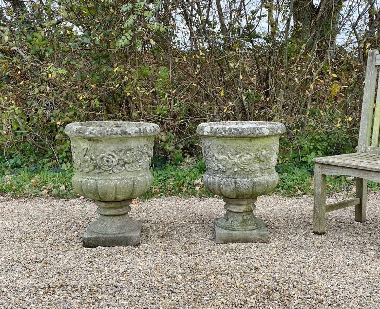 Pair of Patinated Flower Urns