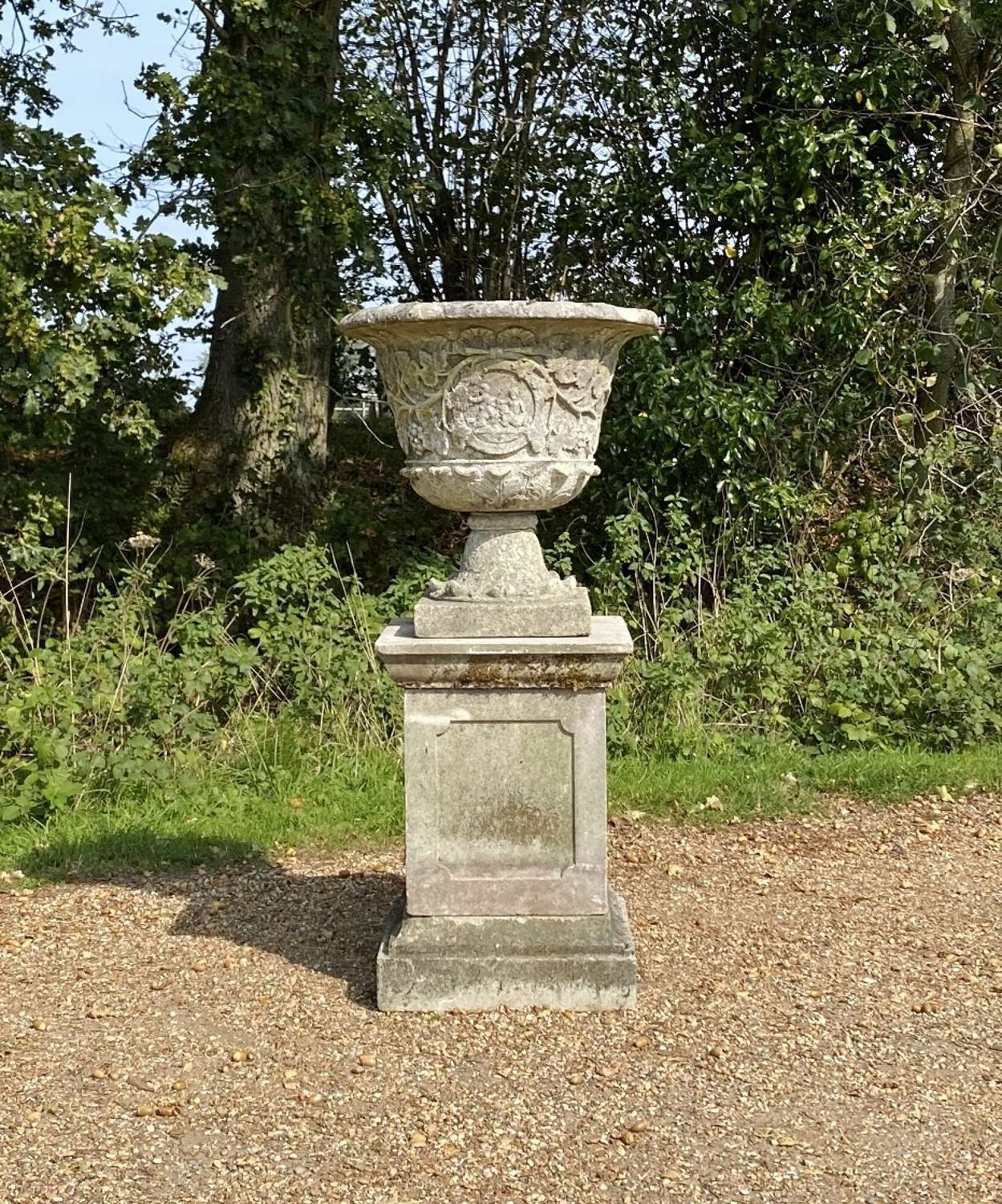 Large Patinated French Urn with Pedestal
