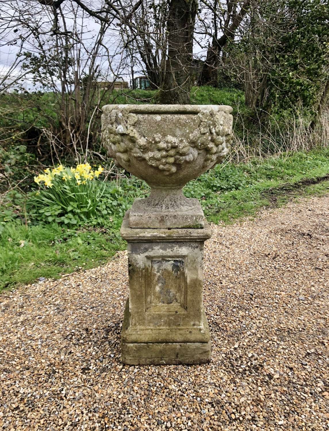 Patinated Goblet Urn and Pedestal 