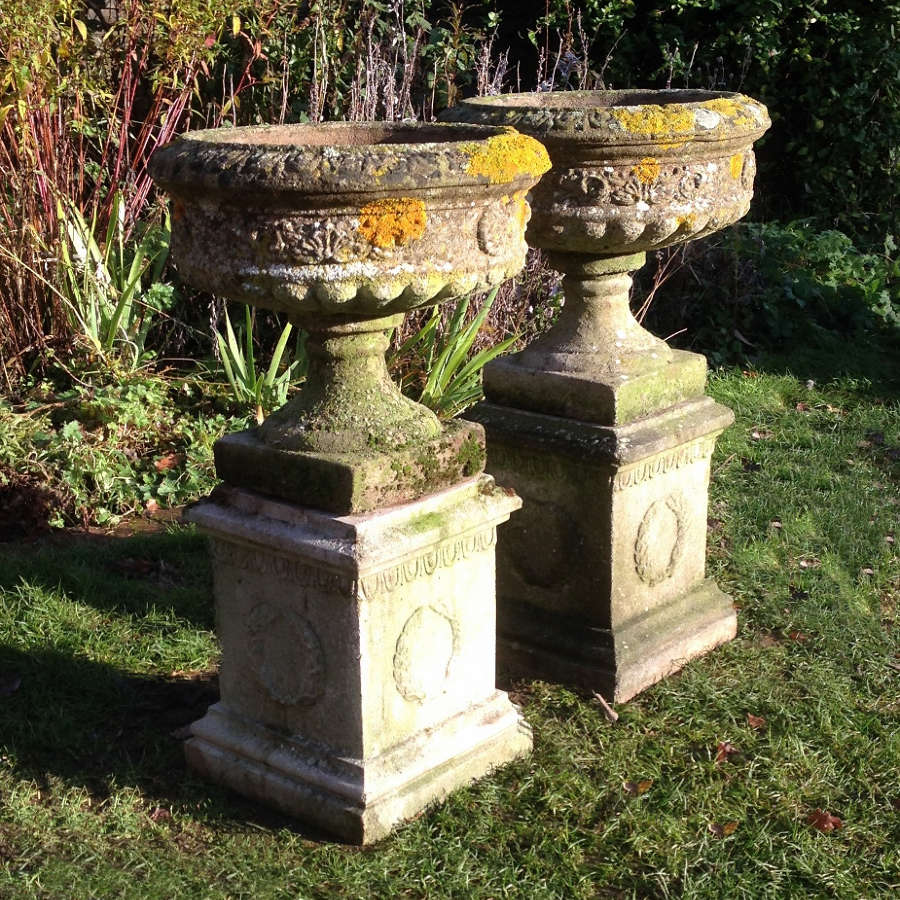 Pair of Lichen Urns and Pedestals