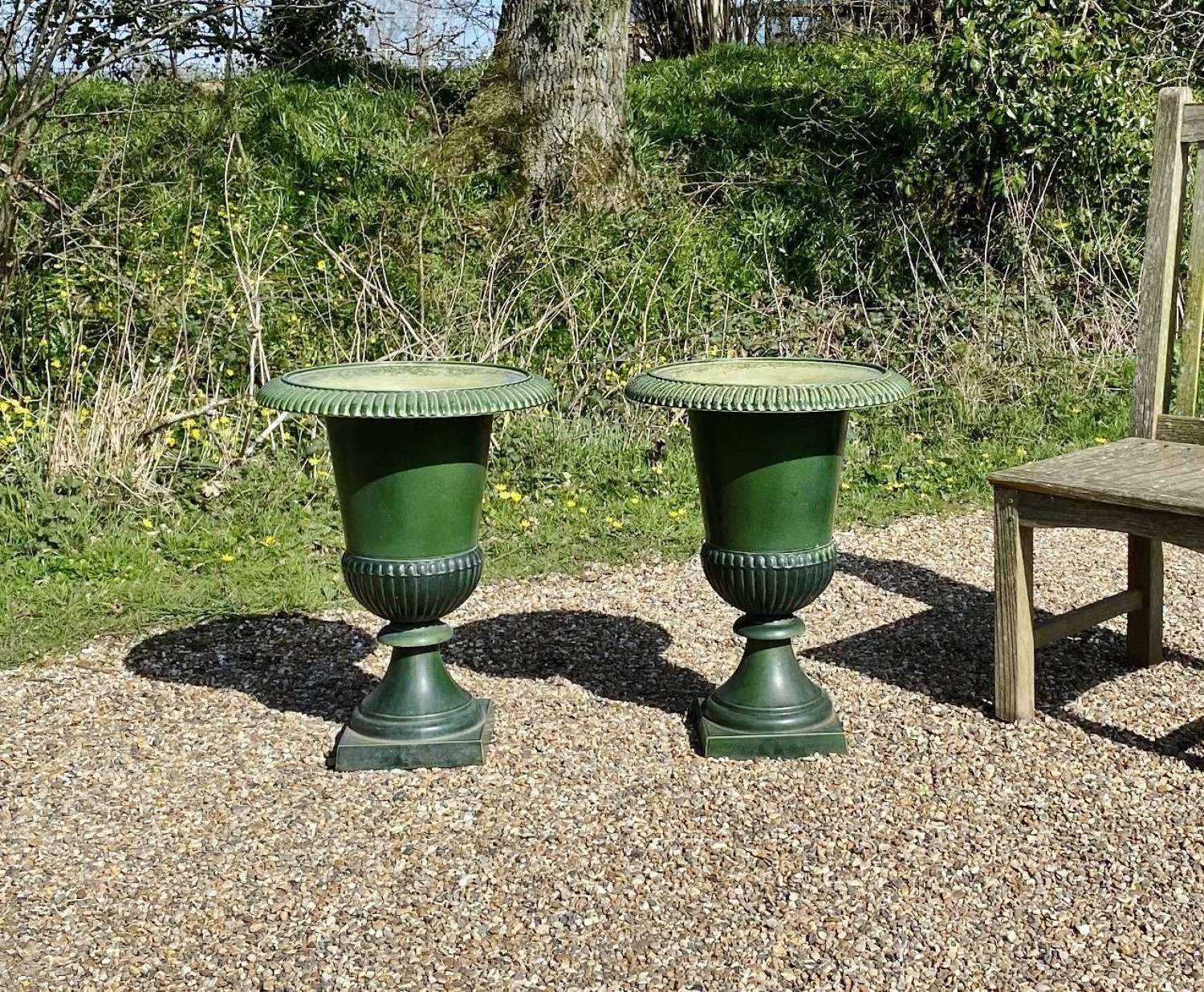 Pair of French Green Enamelled Iron Urns