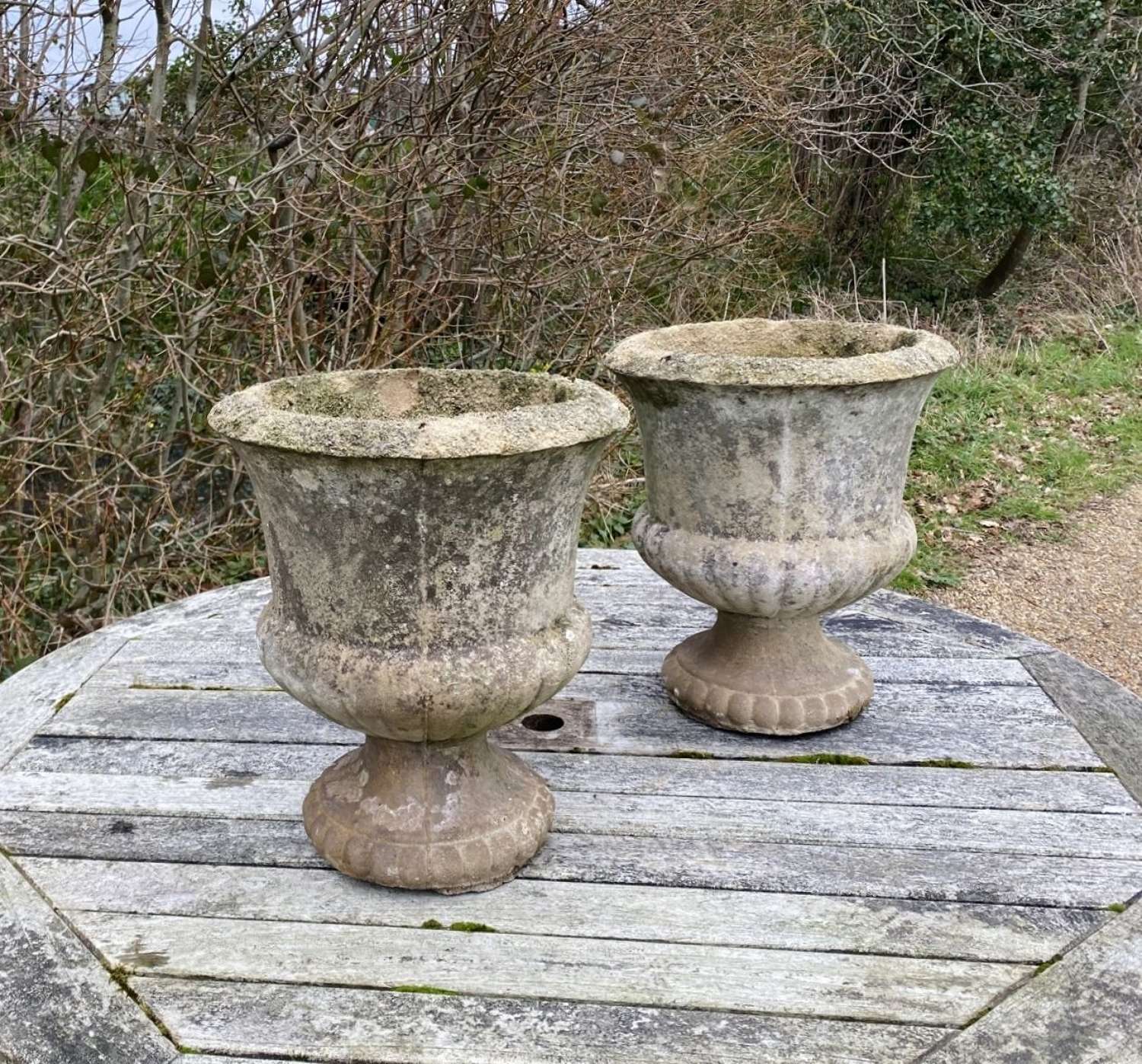 Pair of Small Patinated Urns