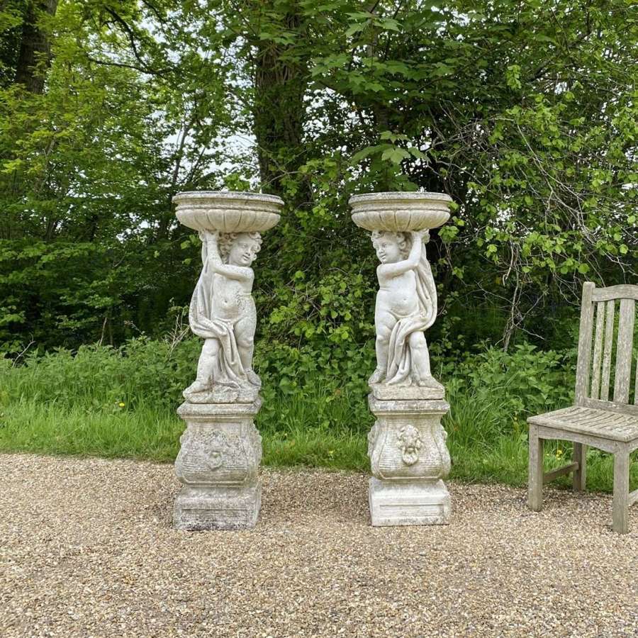 Pair of Italian Cherub Jardinières with Pedestals