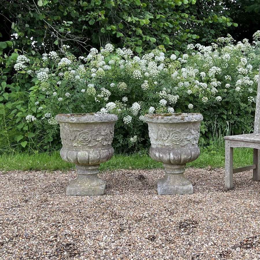 Pair of Large Patinated Flower Urns