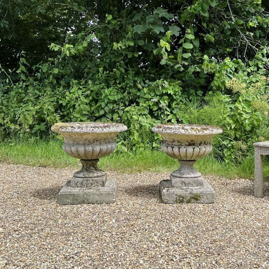 Pair of Mossy Urns with Plinths