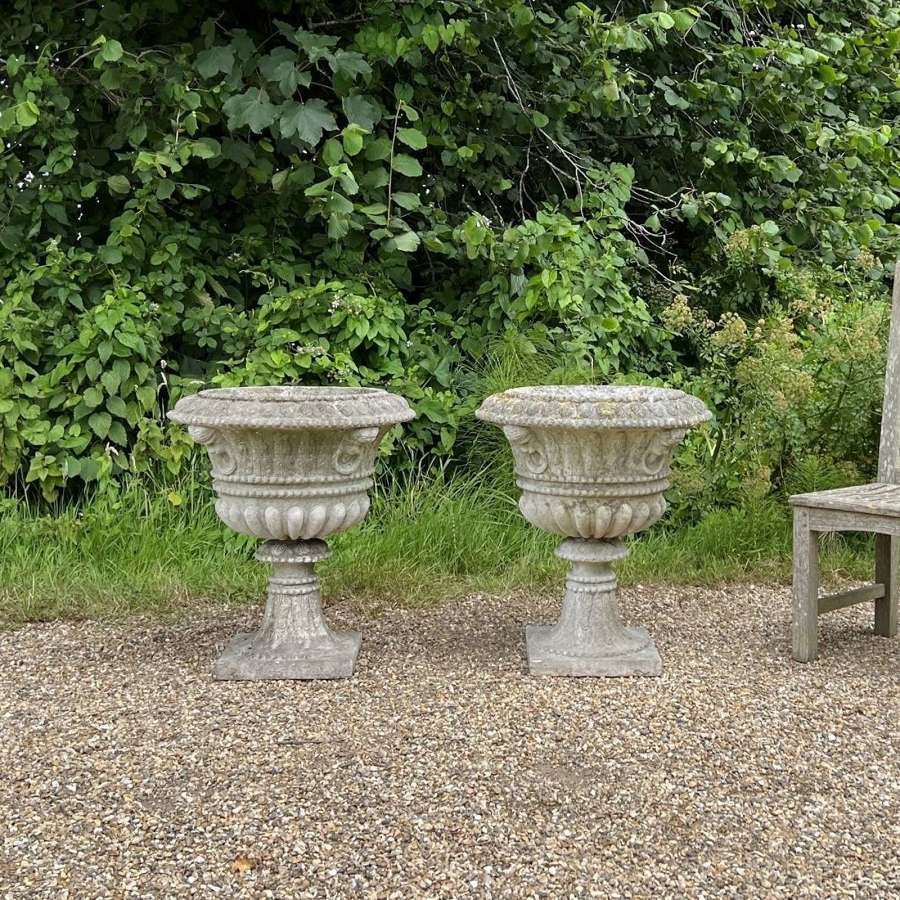 Pair of Large Patinated Garden Urns