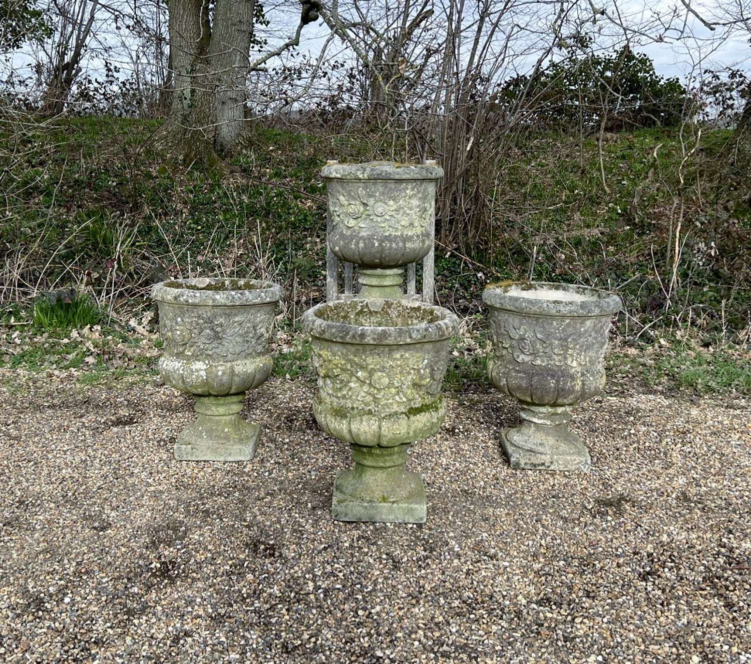 Large Patinated Flower Urns