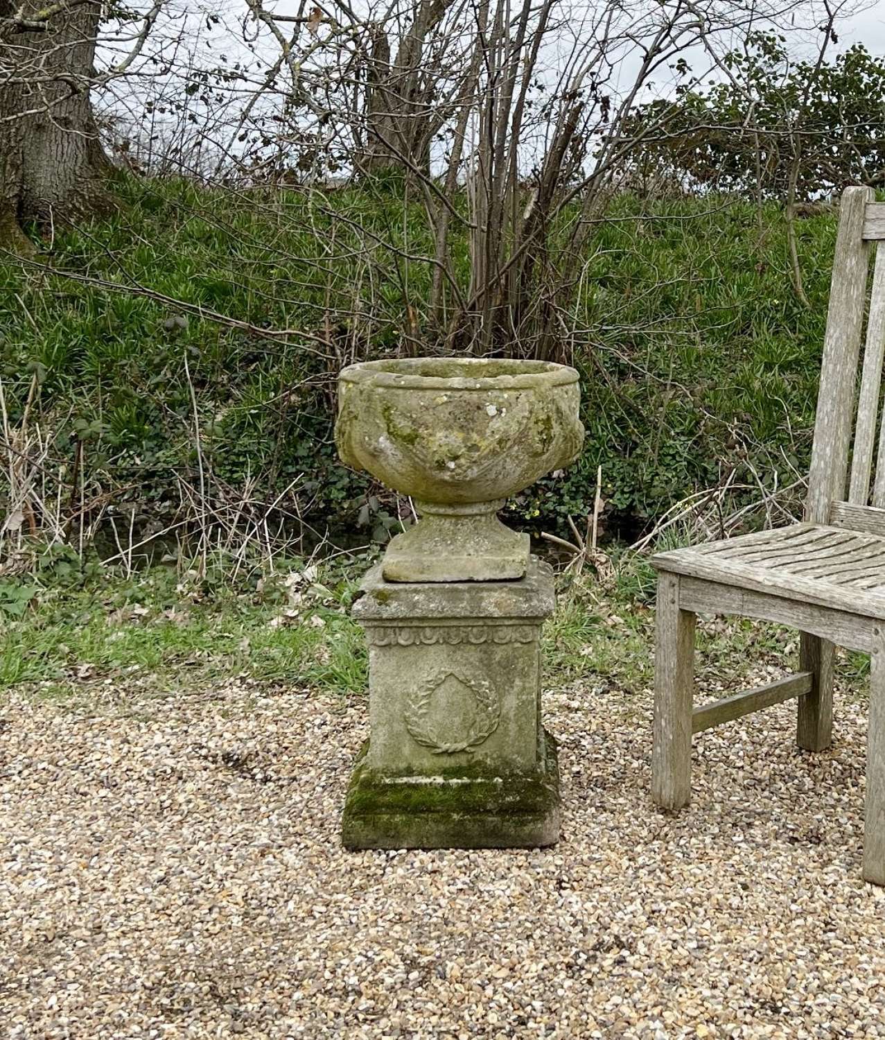 Patinated Goblet Urn and Pedestal